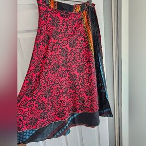 Silk Sari Wrap Skirt, Goddess Ankle, Plus Size, red & blue